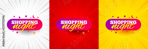 Shopping night banner. Flash offer banner, coupon or poster. Discount sticker shape. Hot offer icon. Shopping night promo banner. Retail marketing flyer. Starburst pop art. Vector