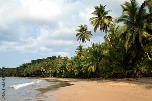View of Bom Bom beach and the Atlantic Ocean on Principe Island. Sao Tome and Principe. Africa.