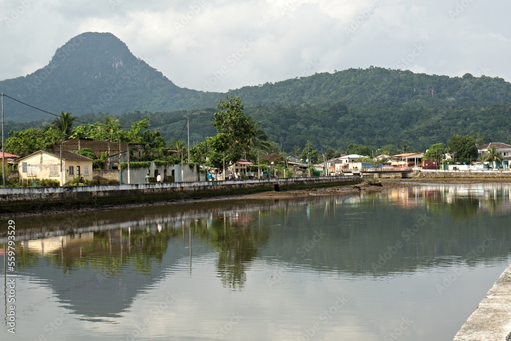 View of Santo Antonio The largest city of Principe Island. Rio Papagaio.  Sao Tome and Principe. Africa.