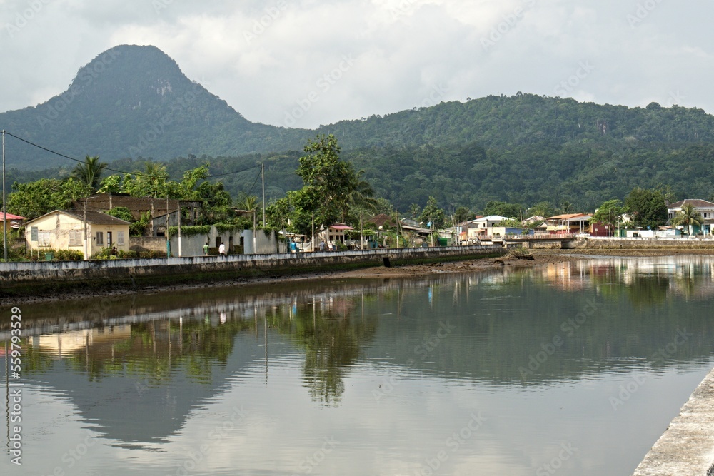 Fototapeta premium View of Santo Antonio The largest city of Principe Island. Rio Papagaio. Sao Tome and Principe. Africa.