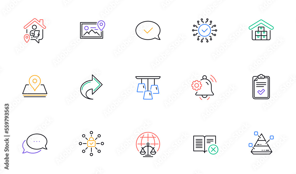 Ceiling lamp, Security network and Approved message line icons for website, printing. Collection of Work home, Checklist, Magistrates court icons. Pin, Dots message. Vector