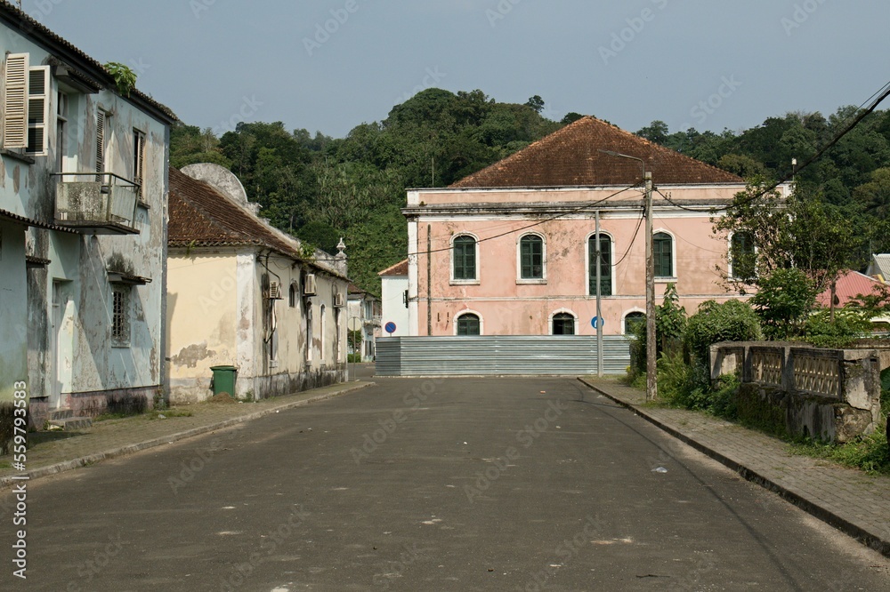 View of Santo Antonio The largest city of Principe Island. Portuguese colonial buildings. Sao Tome and Principe. Africa.