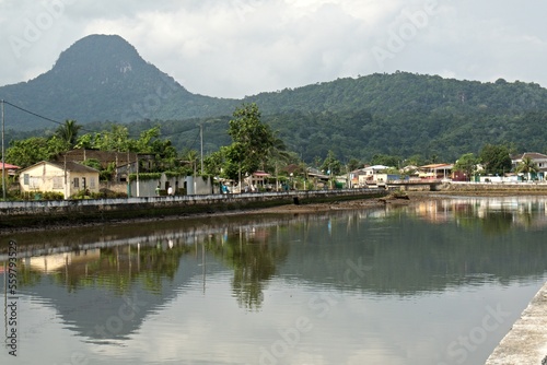View of Santo Antonio The largest city of Principe Island. Rio Papagaio. Sao Tome and Principe. Africa.