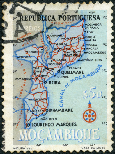 MOZAMBIQUE - 1954: shows Map, Color of Colony, 1954