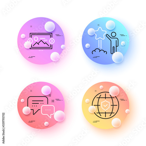 Star, Image carousel and Global insurance minimal line icons. 3d spheres or balls buttons. Employees messenger icons. For web, application, printing. Launch rating, Photo album, Full coverage. Vector