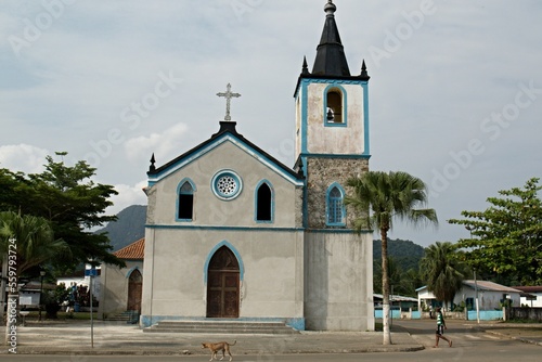 View of Santo Antonio The largest city of Principe Island. Portuguese colonial buildings. Sao Tome and Principe. Africa. 