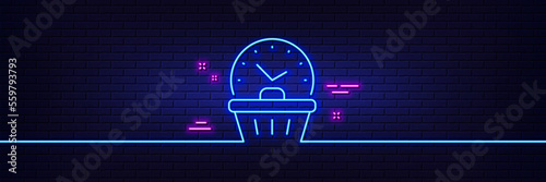 Neon light glow effect. Last minute sale line icon. Shopping opening hours sign. Supermarket time symbol. 3d line neon glow icon. Brick wall banner. Last minute outline. Vector