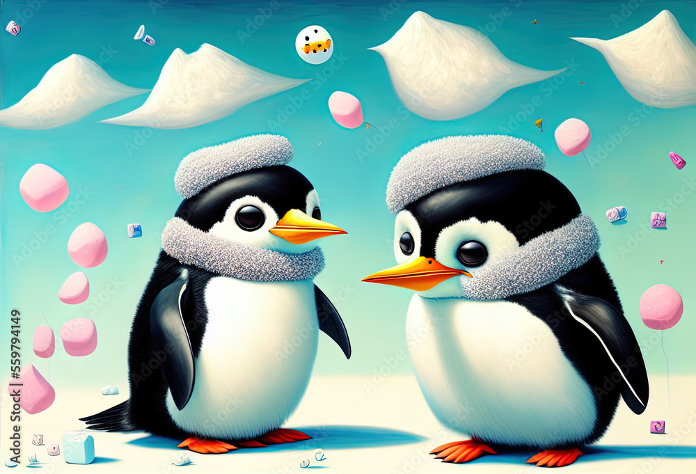 Obraz premium painting of a fluffy happy penguin chick with marshmallows flying everywhere. Generative AI