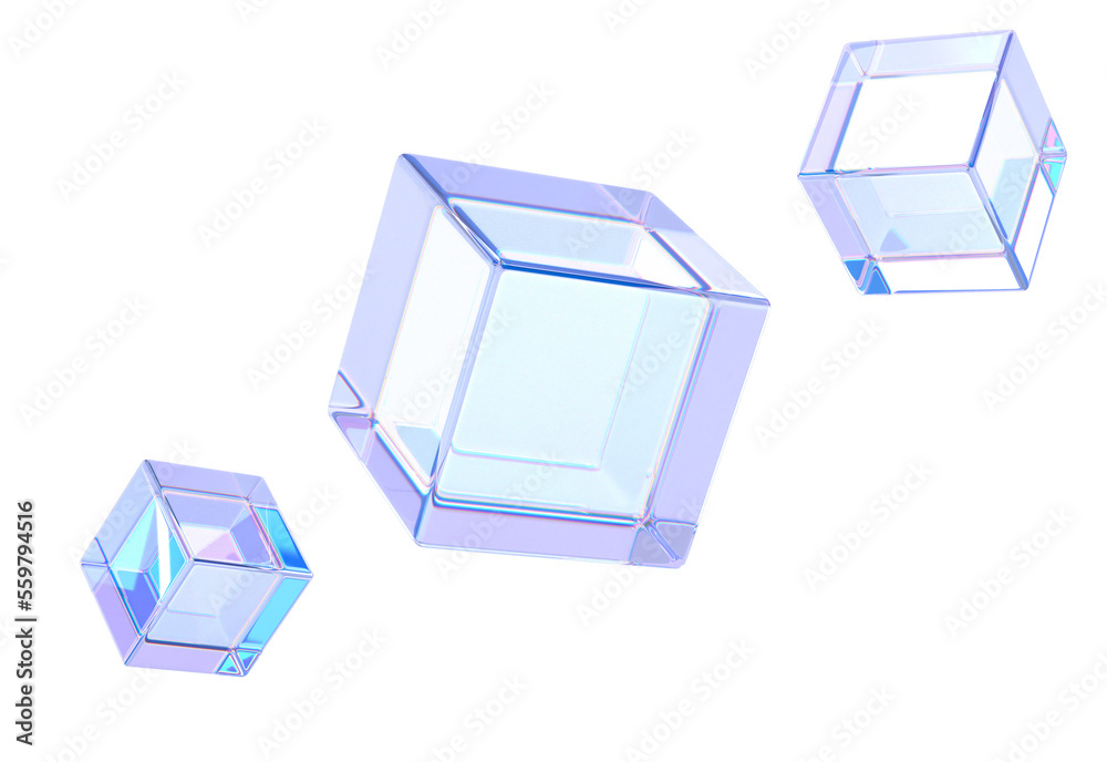 Glass iridescent cubes, crystal blocks with holographic purple gradient texture 3d render. Rainbow clear acrylic square boxes, abstract geometric objects isolated on white background. 3D illustration Glass iridescent cubes, crystal blocks with holographic purple gradient texture 3d render. Rainbow clear acrylic square boxes, abstract geometric objects isolated on white background. 3D illustration