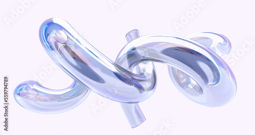Naklejka Abstract glass geometric composition, iridescent holographic crystal shapes with gradient texture in motion 3d render. Spiral twisted fluid forms, isolated digital art object. 3D illustration