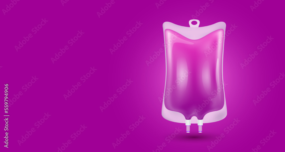 Plastic saline bag purple isolated realistic. 3D vector. IV drip vitamins collagen intravenous. For medical advertising and skin care beauty. With copy space for text.