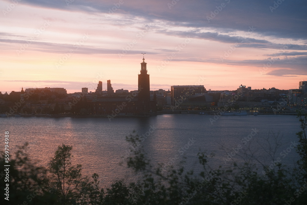 sunset over the stockholm city