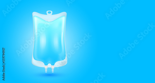 Plastic saline bag blue isolated realistic. 3D vector. IV drip vitamins collagen intravenous. For medical advertising and skin care beauty. With copy space for text.