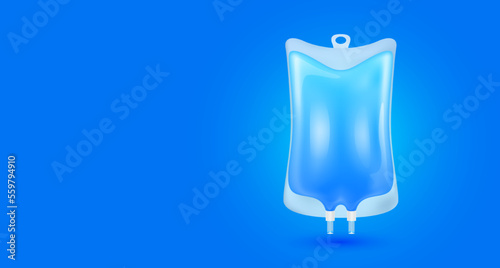 Plastic saline bag blue isolated realistic. 3D vector. IV drip vitamins collagen intravenous. For medical advertising and skin care beauty. With copy space for text.
