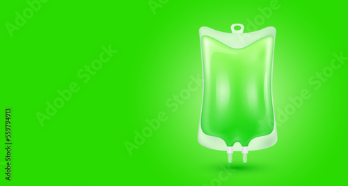Plastic saline bag green isolated realistic. 3D vector. IV drip vitamins collagen intravenous. For medical advertising and skin care beauty. With copy space for text.