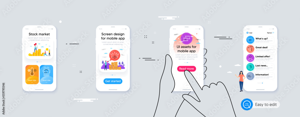 Smartphone notification, Crown and Winner podium minimal line icons. Phone ui interface. Outsource work, Like, Thermometer icons. Painter, Love tickets, Survey web elements. Vector Smartphone notification, Crown and Winner podium minimal line icons. Phone ui interface. Outsource work, Like, Thermometer icons. Painter, Love tickets, Survey web elements. Vector