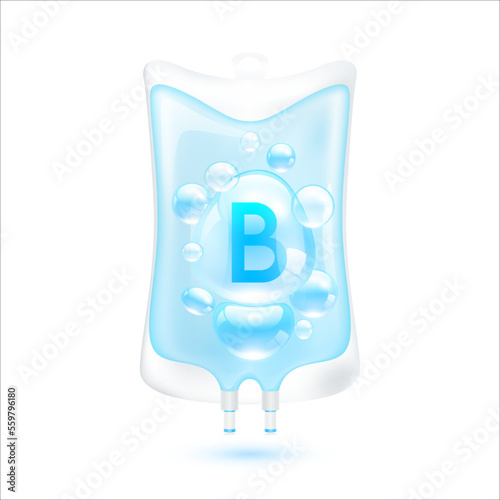 Vitamin B serum bubbles collagen blue inside plastic saline bag. IV drip vitamins minerals beauty skincare intravenous. Medical concept. Isolated realistic on white background 3D vector.