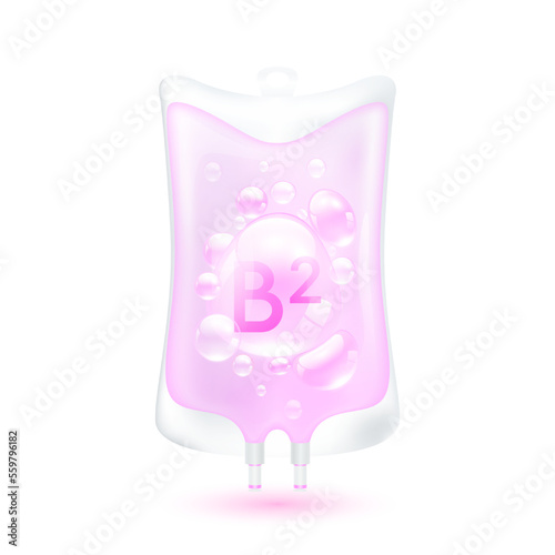 Vitamin B2 serum bubbles collagen pink inside plastic saline bag. IV drip vitamins minerals beauty skincare intravenous. Medical concept. Isolated realistic on white background 3D vector.