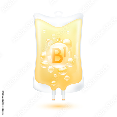 Vitamin B1 serum bubbles collagen yellow inside plastic saline bag. IV drip vitamins minerals beauty skincare intravenous. Medical concept. Isolated realistic on white background 3D vector.