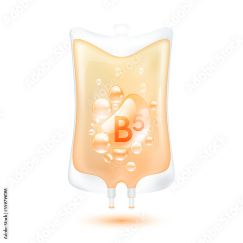 Vitamin B5 serum bubbles collagen orange inside plastic saline bag. IV drip vitamins minerals beauty skincare intravenous. Medical concept. Isolated realistic on white background 3D vector.