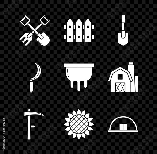 Set Shovel and rake, Garden fence wooden, Scythe, Sunflower, Hangar, Sickle and Udder icon. Vector