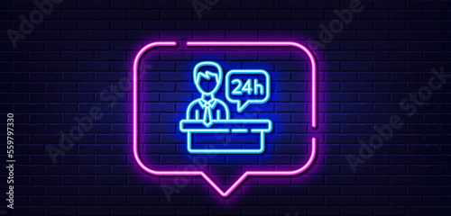 Neon light speech bubble. Reception desk line icon. 24 hour help sign. Hotel service symbol. Neon light background. Reception desk glow line. Brick wall banner. Vector