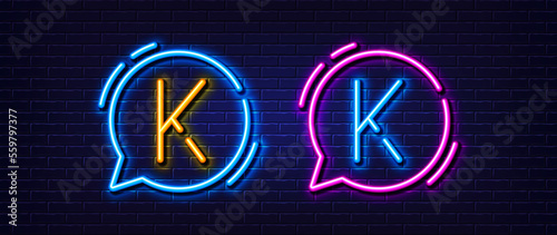 Initial letter K icon. Neon light line effect. Line typography character sign. Large first font letter. Glowing neon light speech bubble. Letter K glow 3d line. Brick wall banner. Vector
