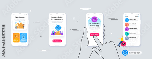 Outline set of Success, Thermometer and House security line icons for web application. Phone ui interface. Include Heart, Face verified, Inclusion icons. Vector