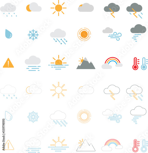Set of weather forecast icons in line style and color fill. Weather , clouds, sunny day, moon, snowflakes, wind, sun day