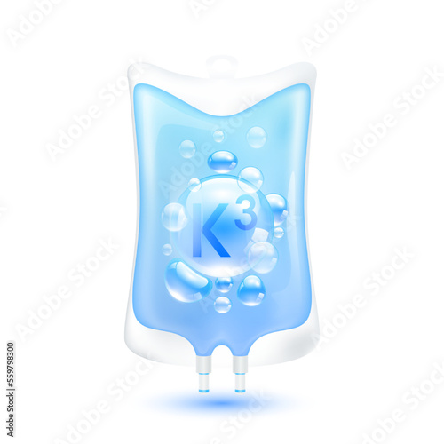 Vitamin K3 serum bubbles collagen blue inside plastic saline bag. IV drip vitamins minerals beauty skincare intravenous. Medical concept. Isolated realistic on white background 3D vector.