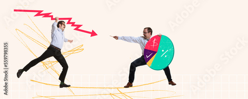 Contemporary art collage. Conceptual design. Two men, employees fighting with graphs symbolizing professional competition. Banner