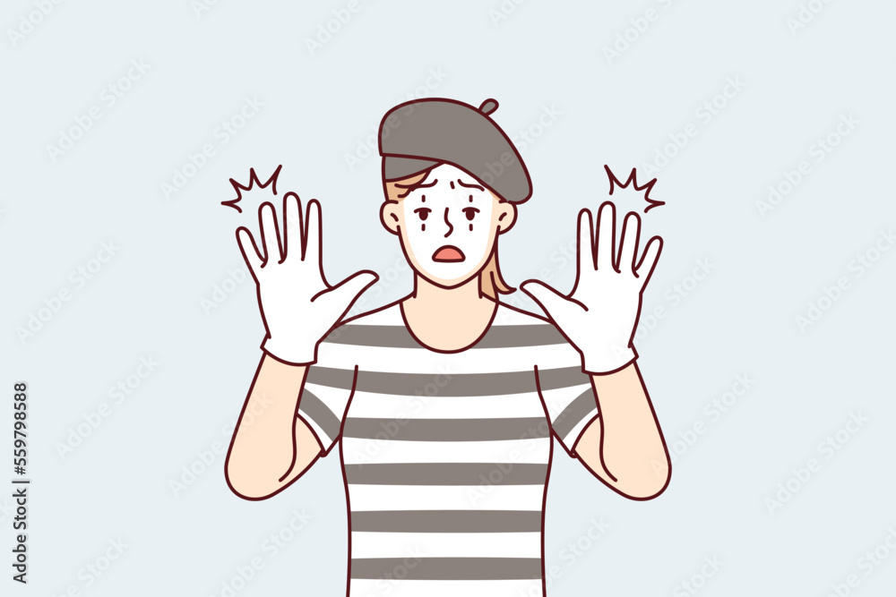 Funny woman clown with white face entertains people by acting as mime and leaning on invisible glass. Girl theater or circus actor stretches out palms to screen to cheer people up. Flat vector design Funny woman clown with white face entertains people by acting as mime and leaning on invisible glass. Girl theater or circus actor stretches out palms to screen to cheer people up. Flat vector design