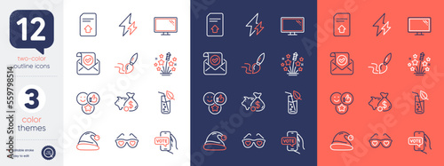 Set of Water glass, Love glasses and Upload file line icons. Include Monitor, Brush, Piggy bank icons. Fireworks stars, Confirmed mail, Online voting web elements. Santa hat, Like, Electricity. Vector