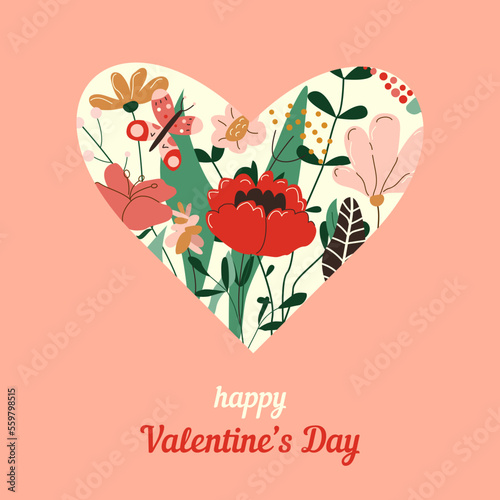 Happy Valentine's Day greeting card. Heart with spring wild flowers and butterfly. 14 february romantic banner design. Flat vector illustration