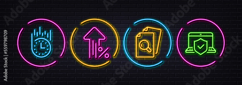 Fast delivery, Increasing percent and Inspect minimal line icons. Neon laser 3d lights. Laptop insurance icons. For web, application, printing. Stopwatch, Discount, Search document. Vector