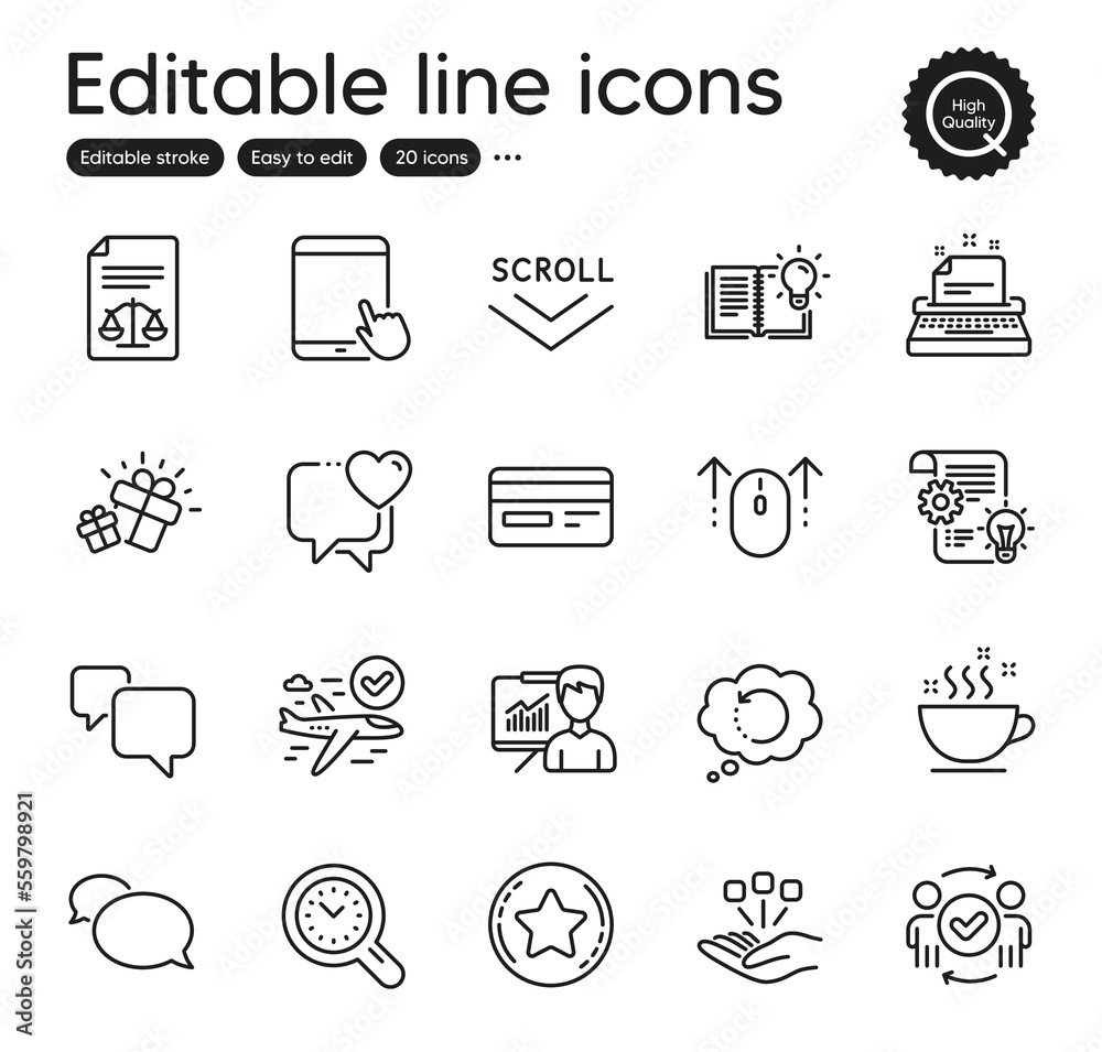 Set of Business outline icons. Contains icons as Credit card, Gift and Heart elements. Presentation, Cogwheel, Swipe up web signs. Scroll down, Typewriter, Tablet pc elements. Vector Set of Business outline icons. Contains icons as Credit card, Gift and Heart elements. Presentation, Cogwheel, Swipe up web signs. Scroll down, Typewriter, Tablet pc elements. Vector