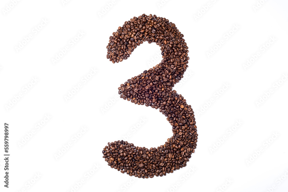 Number made with coffee beans on white background. Number 3 three made of coffee. Coffee number 3 three isolated on white Number made with coffee beans on white background. Number 3 three made of coffee. Coffee number 3 three isolated on white