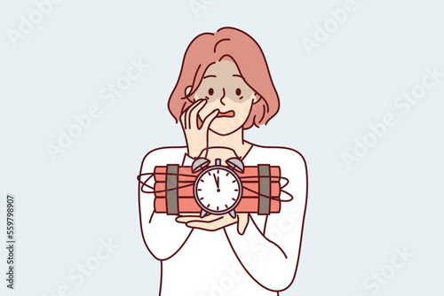Frightened woman holds bomb and dynamite with clockwork in hand and does not know how to stop explosion. Concept approaching troubles that cannot be avoided. Flat vector illustration
