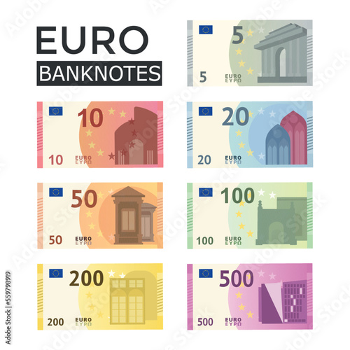 Set of Euro banknotes isolated on white background. Europen bill cash money. Cartoon money. Euro currency banknote. Bills of different denomination.Vector stock photo