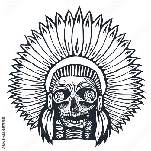 Skull of an Indian with a headdress of feathers. Vector Illustration.