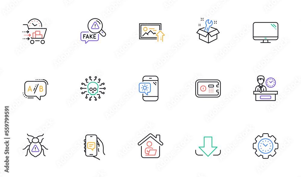 Work home, Computer and Ab testing line icons for website, printing. Collection of Safe box, Upload photo, Fake news icons. Download, Spanner, Time management web elements. Vector Work home, Computer and Ab testing line icons for website, printing. Collection of Safe box, Upload photo, Fake news icons. Download, Spanner, Time management web elements. Vector
