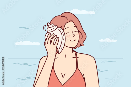 Happy woman listens to sound of sea putting shell to ear and closing eyes dreams of future. Smiling tourist girl stands on beach of sunny resort and enjoys summer vacation on ocean. Flat vector image