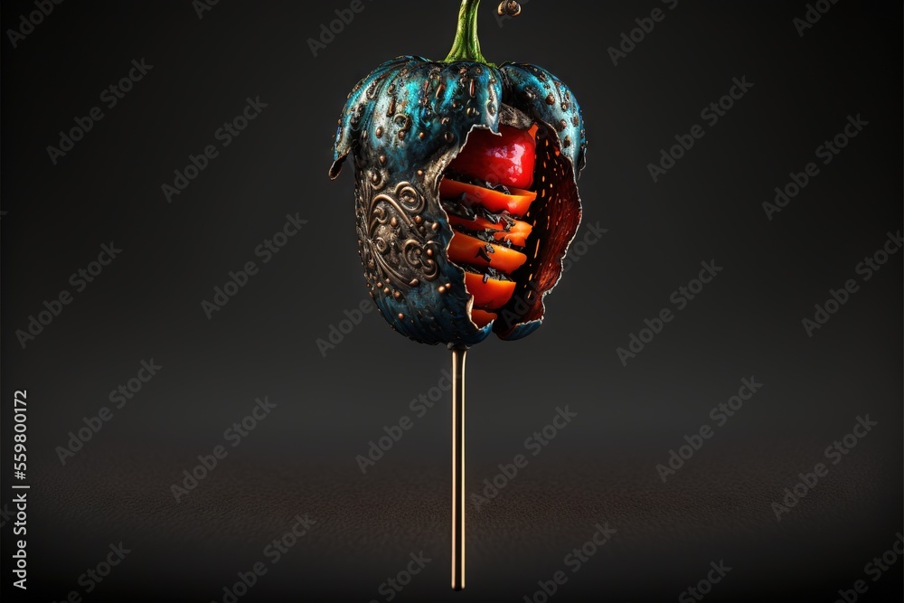 a decorative glass pumpkin on a stick with a black background and a