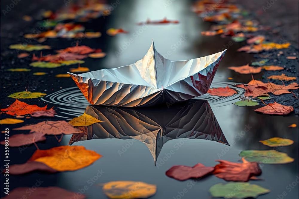 a paper boat floating on top of a lake surrounded by leaves and