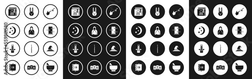 Set Spell, Mantle, cloak, cape, Moon and stars, Ancient magic book, Trunk for tricks, Rabbit with ears, Witch hat and Magician rabbit icon. Vector