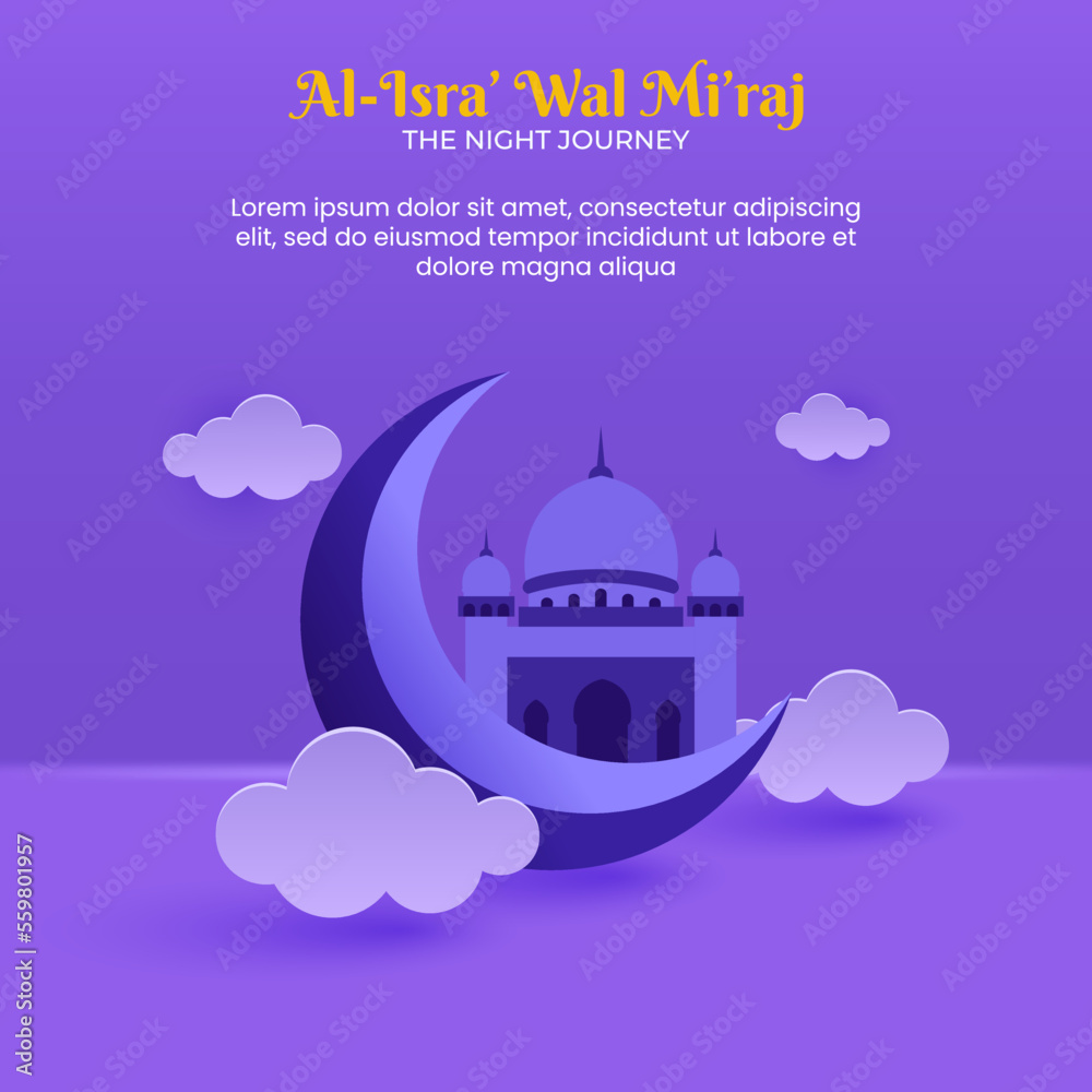 Al-Isra Wal Mi'raj greeting with mosque, moon and cloud.