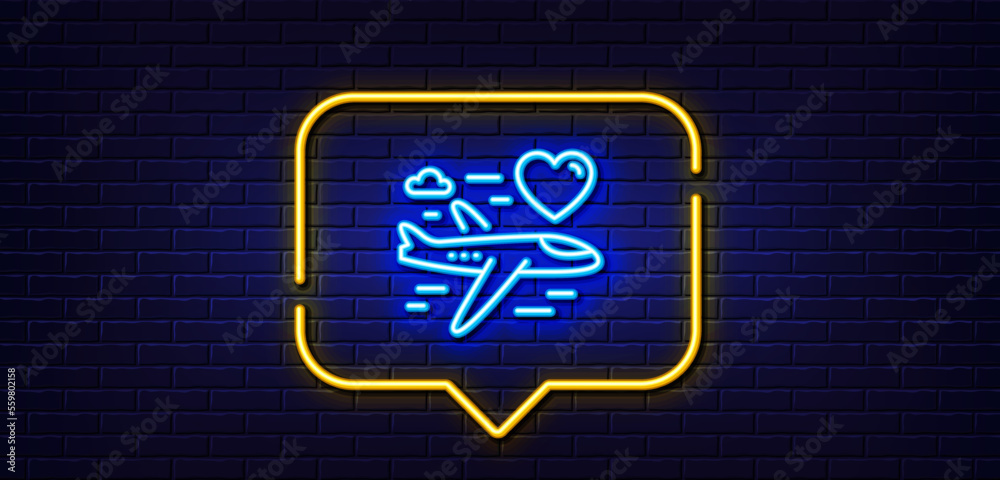 Neon light speech bubble. Honeymoon travel line icon. Love trip sign. Valentines day flight symbol. Neon light background. Honeymoon travel glow line. Brick wall banner. Vector Neon light speech bubble. Honeymoon travel line icon. Love trip sign. Valentines day flight symbol. Neon light background. Honeymoon travel glow line. Brick wall banner. Vector