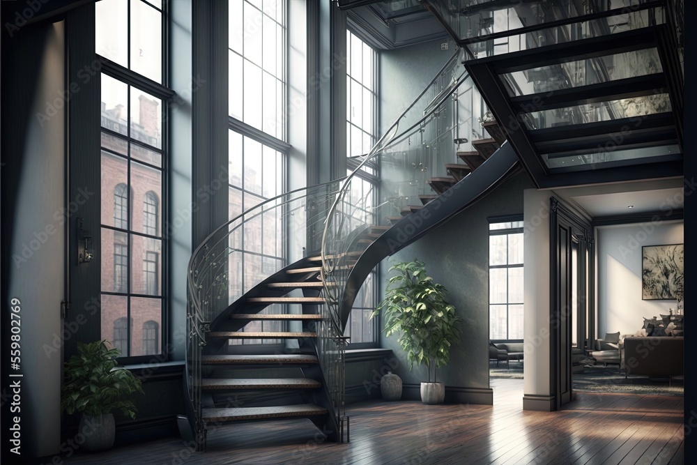 Obraz premium a staircase in a large room with a potted plant on the floor and a potted plant on the side of the staircase in front of the room, and a large window with a. generative ai