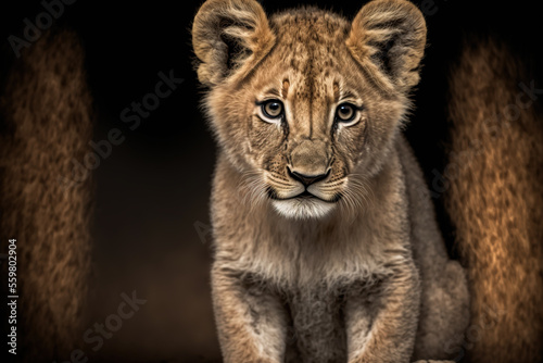 Adorable baby African lion cub on an savannah. Digital artwork