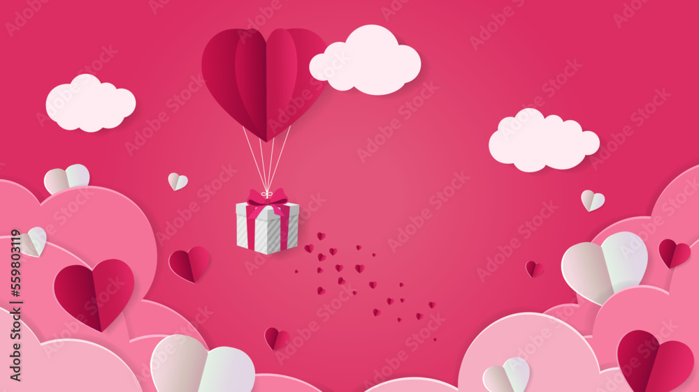 Valentine's day background design with heart and love shape for business promotion. Social media marketing flyer with valentine balloon and realistic cloud. Event celebration web banner decoration. 